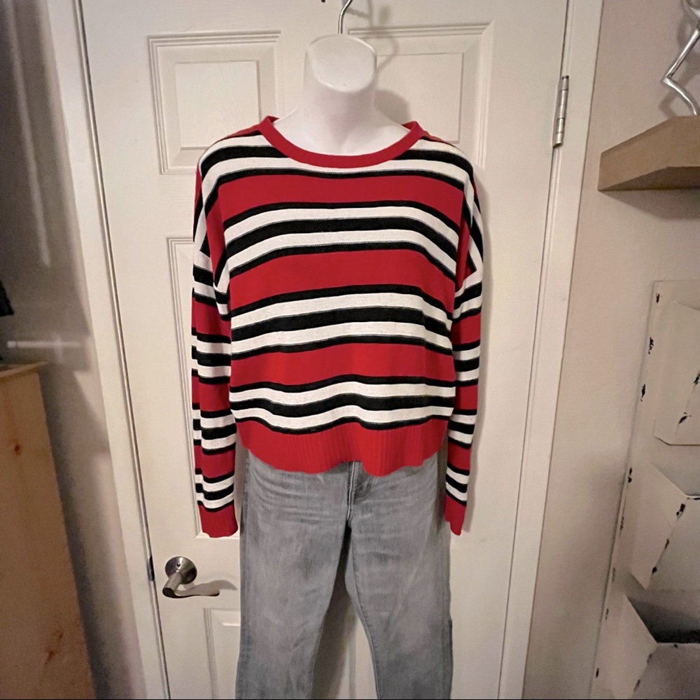 Serendipity Red White Black Striped Cropped  Blokecore Long Sleeve Sweater Sz M - Picture 2 of 5